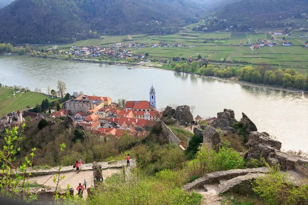 Aerial view of the medieval monastery Duernstein on the river Danube in the Wachau valley. Krems-Land district, Lower Austria — Stock Photo, Image