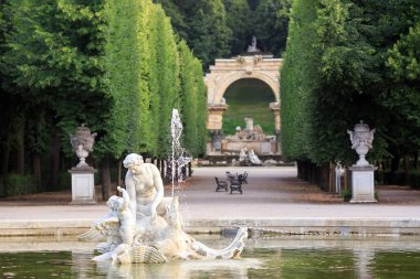 Viyana/ Avusturya - 8 Temmuz 2017. Ön planda yuvarlak havuz ile Viyana Schoenbrunn Bahçe. Viyana, Avusturya.