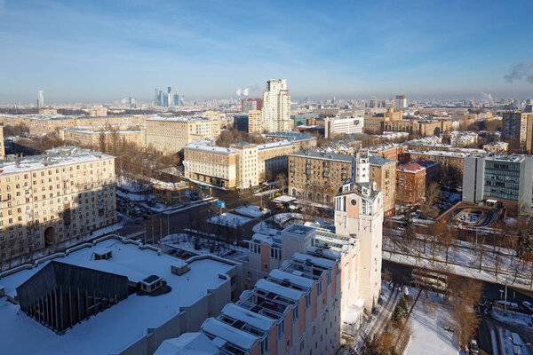 MOSCOW/ RUSSIA - JANUARY 25, 2017. Panoramic view of the South-Western district in winter with the State Darwin Museum in the foreground. Moscow, Russia.