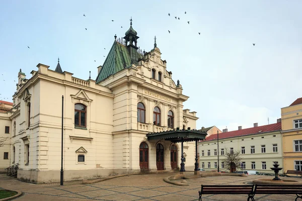 Madarak repül át a város Színház-egy téli napon. Znojmo, Csehország. — Stock Fotó