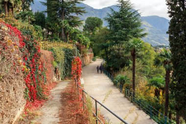 Sonbaharda Tappeiner yolunun görüntüsü. Dağ manzarası. Merano şehri, Trentino-Alto Adige bölgesi, Güney Tyrol, İtalya, Avrupa.