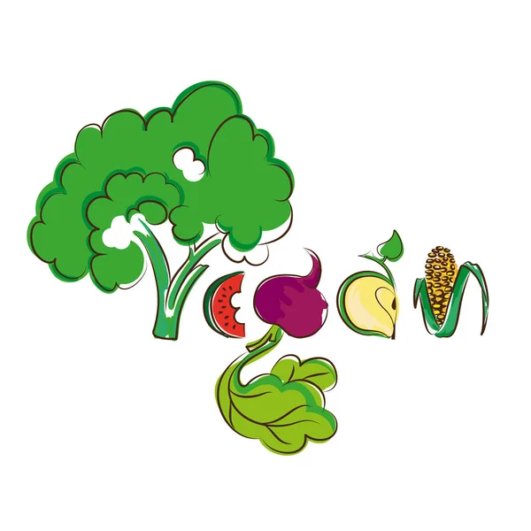 La inscripción Vegano, hecho en forma de verduras — Vector de stock