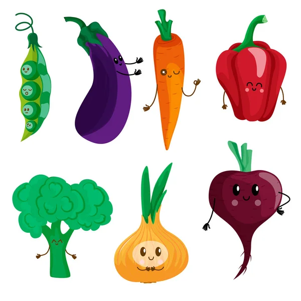 Vicces zöldségek: zöldborsó, padlizsán, sárgarépa, paprika, fejes saláta, oni — Stock Vector