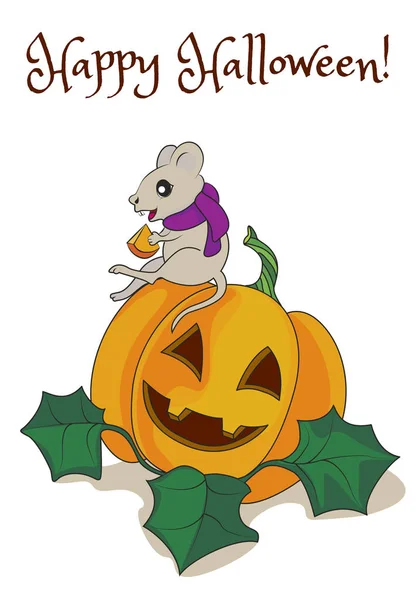 Pocztówka Happy Halloween z myszy i dyni — Wektor stockowy