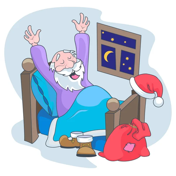 Santa Claus wakker en strekt zich uit in bed — Stockvector