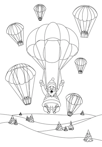 Santa Claus desciende en paracaídas con regalos — Vector de stock