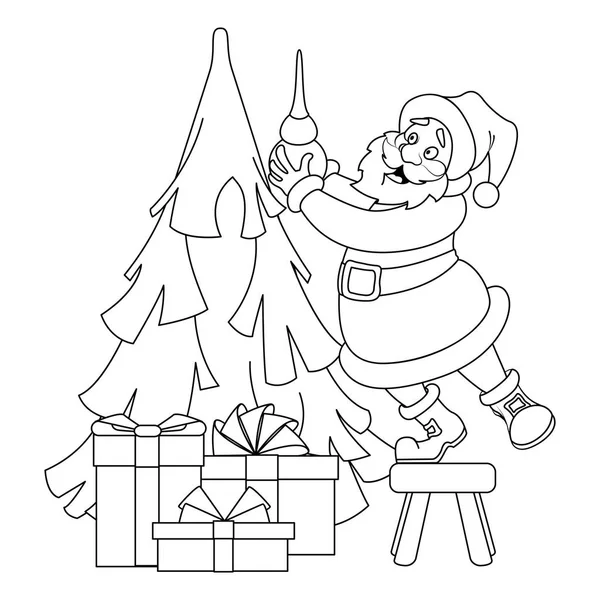 Santa Claus aankleedt kerstboom voor kerst — Stockvector