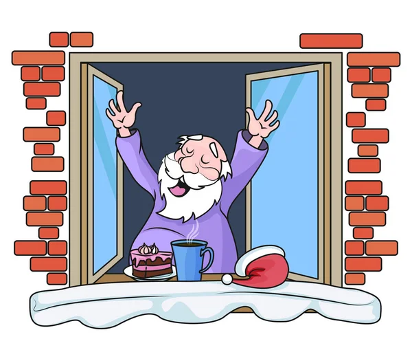 Santa Claus stretching på morgonen vid det öppna fönstret — Stock vektor