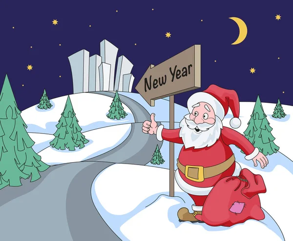 Stem van de kerstman op de weg in de buurt van de aanwijzer naar het nieuwe jaar — Stockvector
