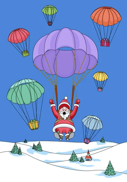 Noel Baba hediye paraşütle tarafından iner — Stok Vektör