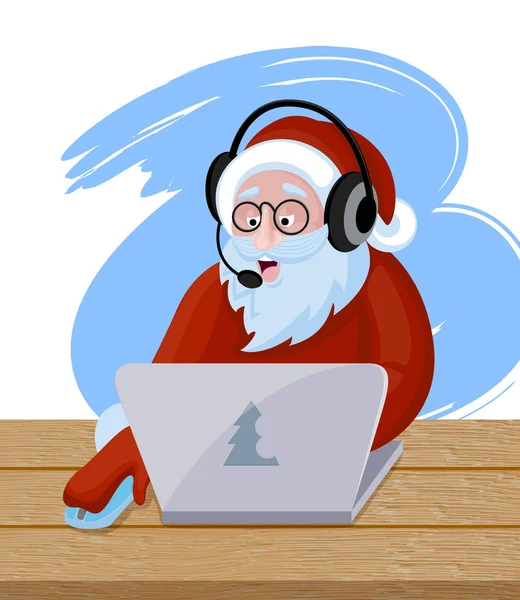 Papai Noel trabalhando no computador com fones de ouvido — Vetor de Stock