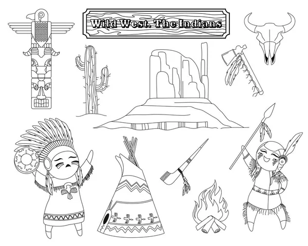 狂野的西部。印度人︰ 图腾柱，头骨，战斧、 管、 瓦里 — 图库矢量图片