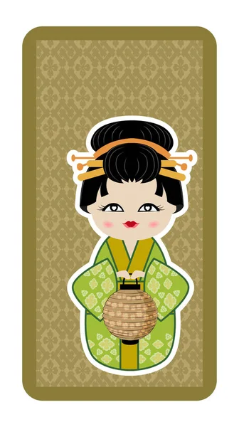 Japanese doll, Kokeshi with a lantern on green textured backgrou — Stock Vector