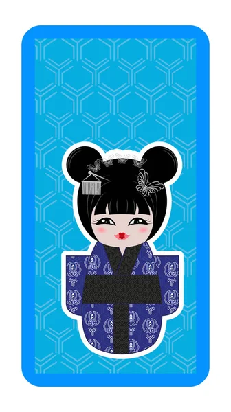 Japanese doll, Kokeshi on a blue textural background — Stock Vector