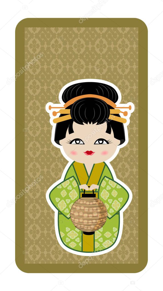 Japanese doll, Kokeshi with a lantern on green textured backgrou