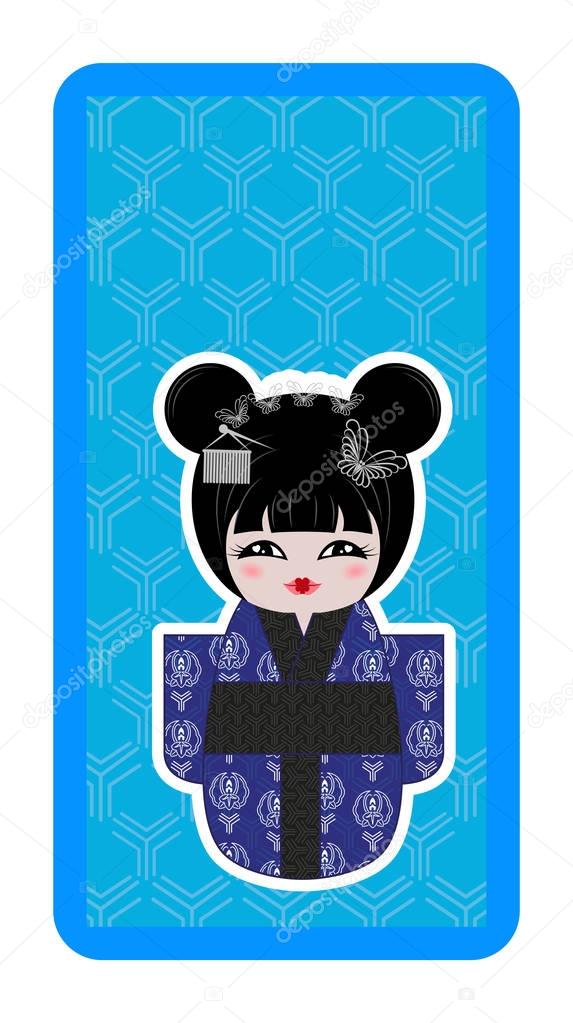Japanese doll, Kokeshi on a blue textural background