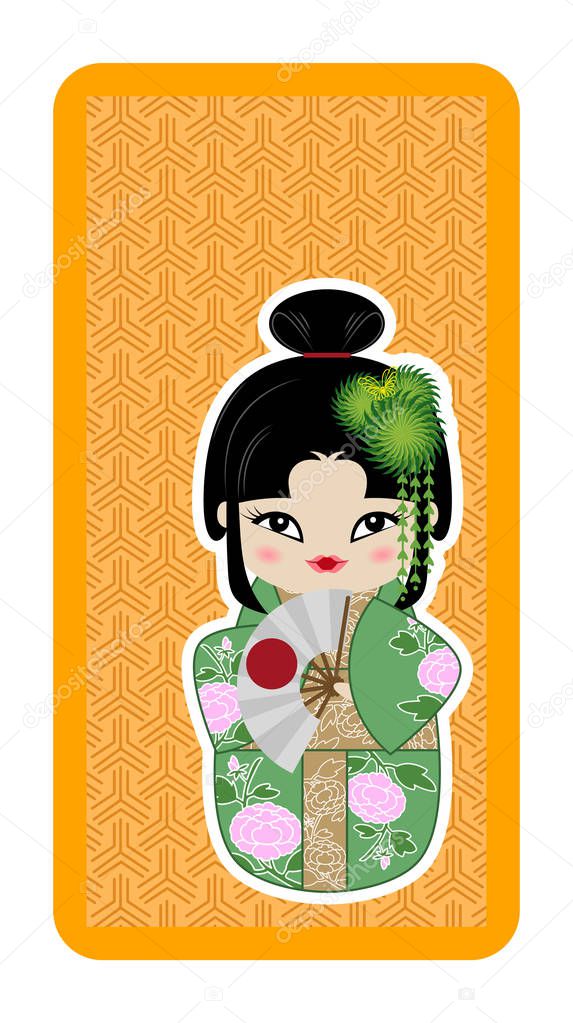 Japanese doll, Kokeshi with a fan and chrysanthemums on an orang