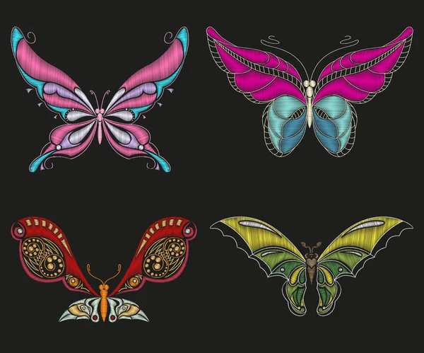 Stickerei dekorative stilisierte Schmetterlinge auf schwarzem Hintergrund — Stockvektor