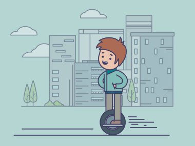 Temiz bir şehir. Eko taşıma. Adam bir tek tekerlekli Segway rides 