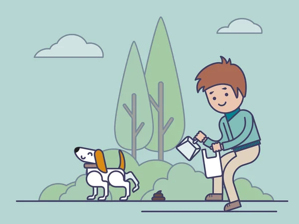Saubere Stadt. Mann räumt nach Hund im Park auf Vektor — Stockvektor