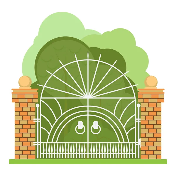 Puertas de hierro forjado en la entrada del jardín. El plano de estilo — Vector de stock