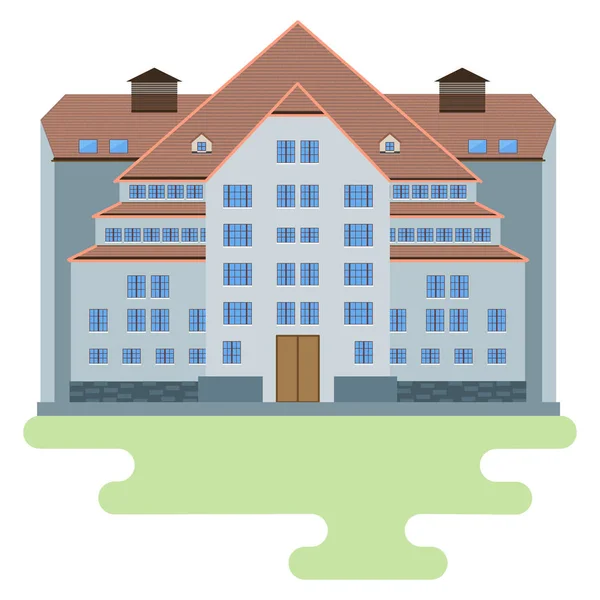 Urban five-story building with a tiled roof in the style of flat — Stock Vector