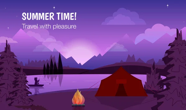 Αφίσα θερινός χρόνος! με τοπίο νύχτα. Σκηνή και campfire το t — Διανυσματικό Αρχείο