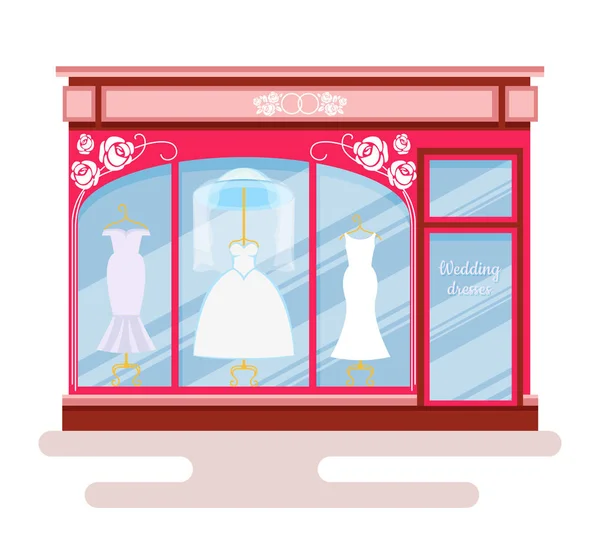 Shop for wedding dresses. Style building flat with the dresses i — Stock Vector