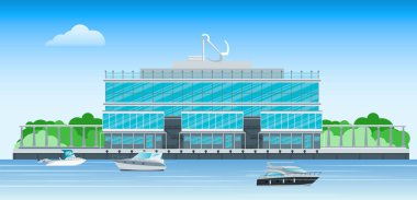 Yat ve tekne ile liman. Düz. Vektör