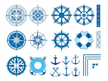 Deniz öğeler kümesi: Pusula, çapa, lifebuoy, el halatlar ve