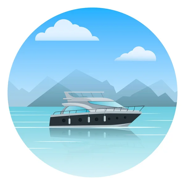 Moderne boot en zee landschap met bergen en wolken. Vector — Stockvector