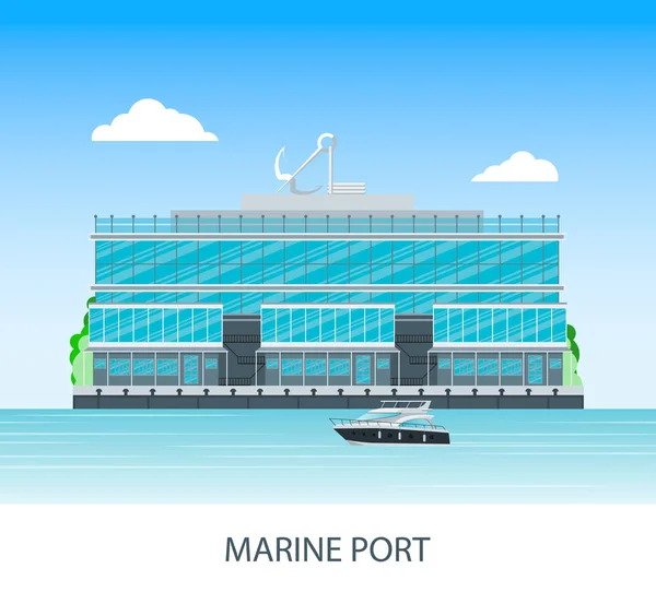 Puerto marítimo con yates y barcos. Plano — Vector de stock