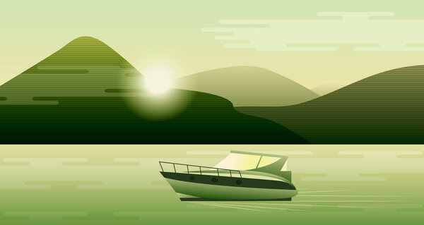 Лодка движется через реку на фоне холмов и й
