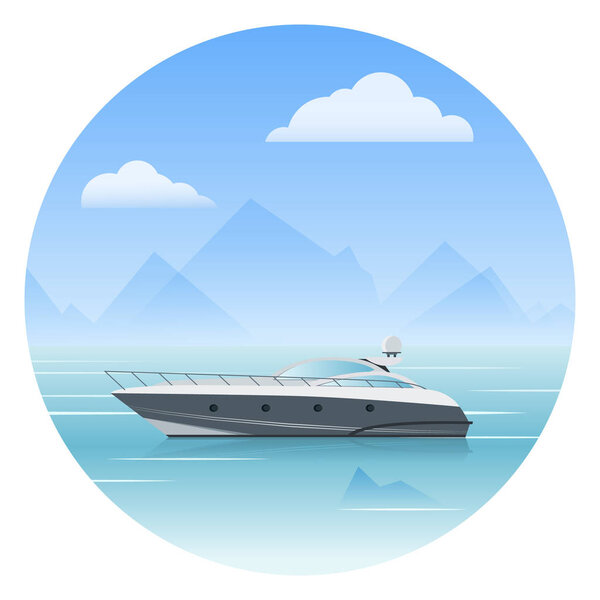 A modern yacht on the water with mountains in the background. Ve