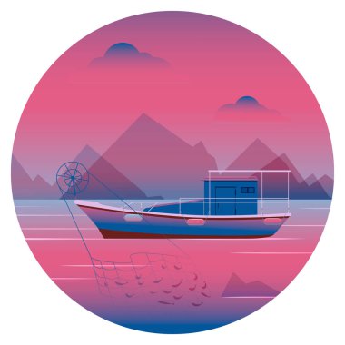 Balık tutma schooner şafakta balıkçılık için. Vektör