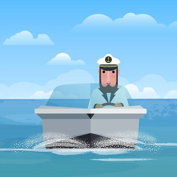 Capitaine sur un bateau à moteur dans la mer. Vecteur — Image vectorielle