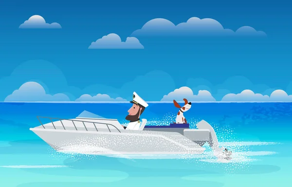 Människa och hund på promenad på en båt på havet. Vektor — Stock vektor