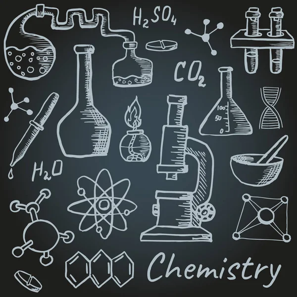 Conjunto de objetos, fórmulas químicas y elementos. Química — Vector de stock