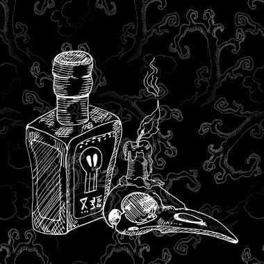 Bir şişe zehir, kuşun kafatası ve yanan bir mum. Ske