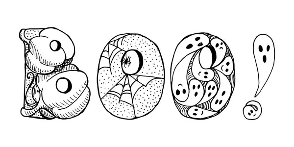 Фраза "BOO! , " прикрашений предметами для Хеллоуїна. Ескіз мами — стоковий вектор