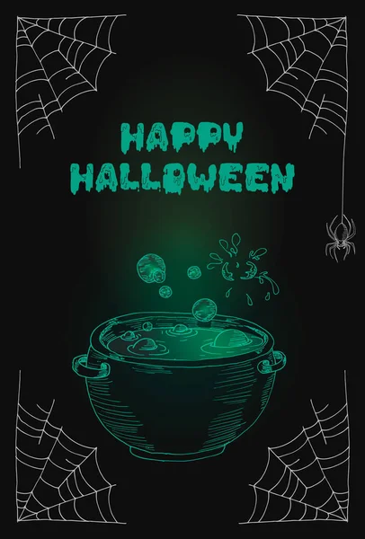 Poster Halloween feliz com uma foto de um caldeirão com fervura — Vetor de Stock