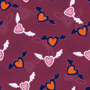 Seamless pattern of hearts with angel and devil wings. The sketc clipart