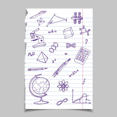 Kağıt satırdaki bir sayfada okul öğeler kümesi: kolu, bul