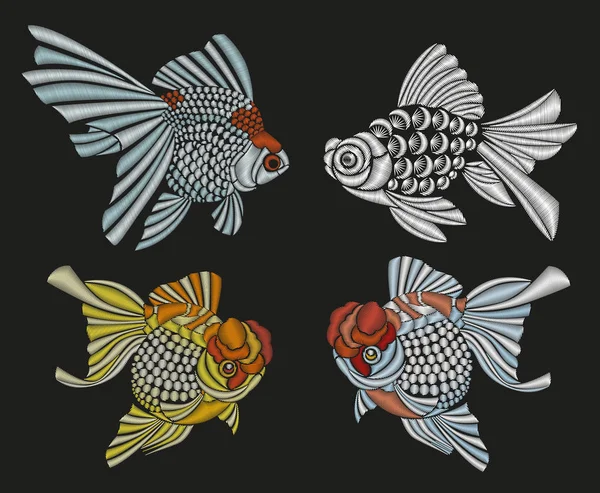 Conjunto de peces japoneses decorativos de oro. Bordado. Vector — Vector de stock