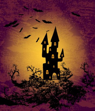 Arka plan büyük ay ve uçan yarasalar üzerinde kale. Toplantı Salonu