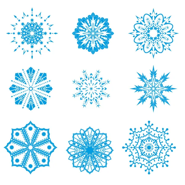 Conjunto de copos de nieve de diferentes diseños geométricos. Vector — Archivo Imágenes Vectoriales