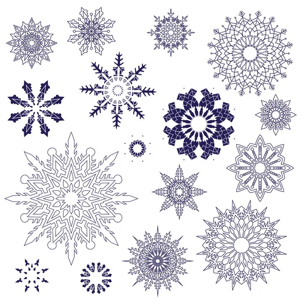 Conjunto de copos de nieve de diferentes diseños geométricos. Vector — Archivo Imágenes Vectoriales