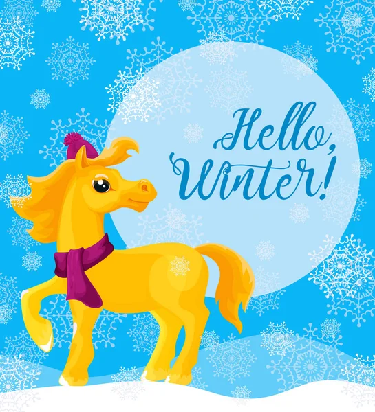 Z życzeniami "Hello, zima!" z koniem żółty w c zima — Wektor stockowy