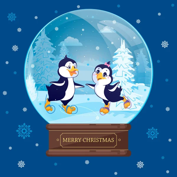 Bola de Natal com pinguins patinando no gelo na floresta de inverno. V — Vetor de Stock