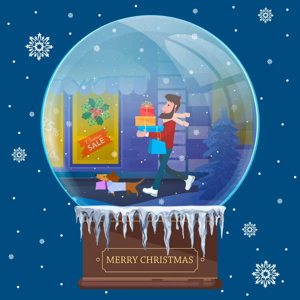 Kerst bal met een man en een teckel dragen geschenken door shop. — Stockvector